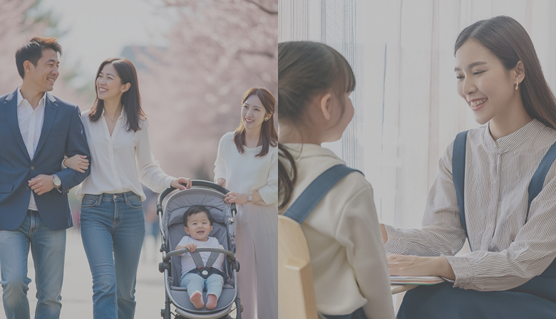 ２枚の写真。左）夫婦とベビーカーに乗っている赤ちゃん、ベビーシッターが散歩をしている様子。右）
                    6歳くらいの子供と家庭教師が仲良く話をしている様子