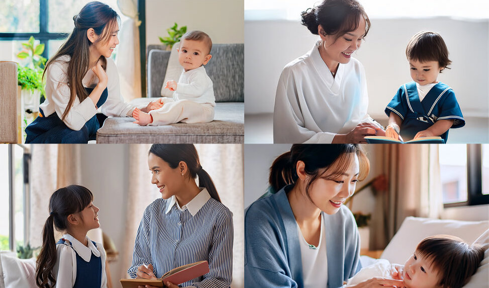 ４枚の写真が並んでます。
                    （左上）ベビシッターが赤ちゃんのお世話をしている様子。
                    （右上）ベビシッターが3歳くらいの子に本を読んであげている様子。
                    （左下）家庭教師と6歳くらいの子がお話をしている様子。
                    （右下）ベビーシッターが赤ちゃんを寝かしつけている様子。