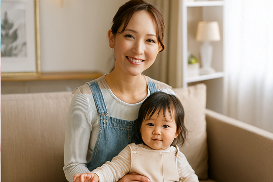 シッターと2歳くらいの子供が部屋でこちらを見て微笑んでいる様子