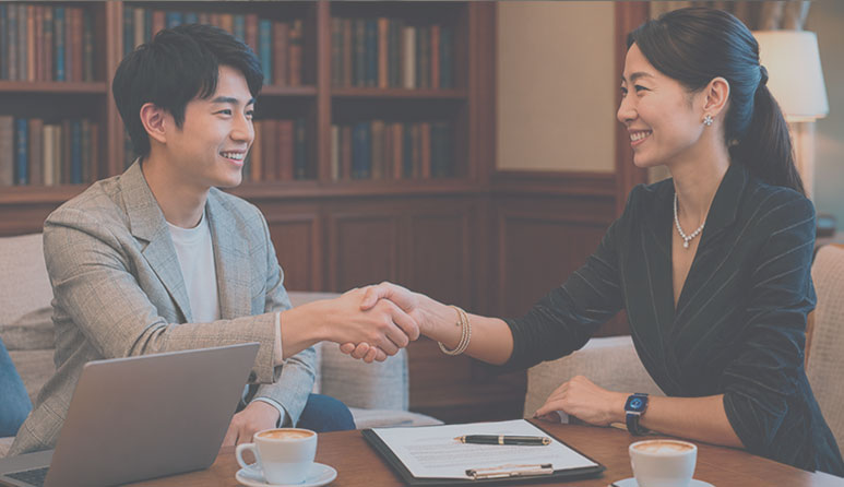 30代くらいの北欧系の女性と日本人の女性がコーヒーを飲みながらおしゃべりしている様子