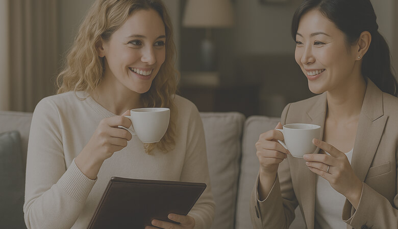 30代くらいの北欧系の女性と日本人の女性がコーヒーを飲みながらおしゃべりしている様子