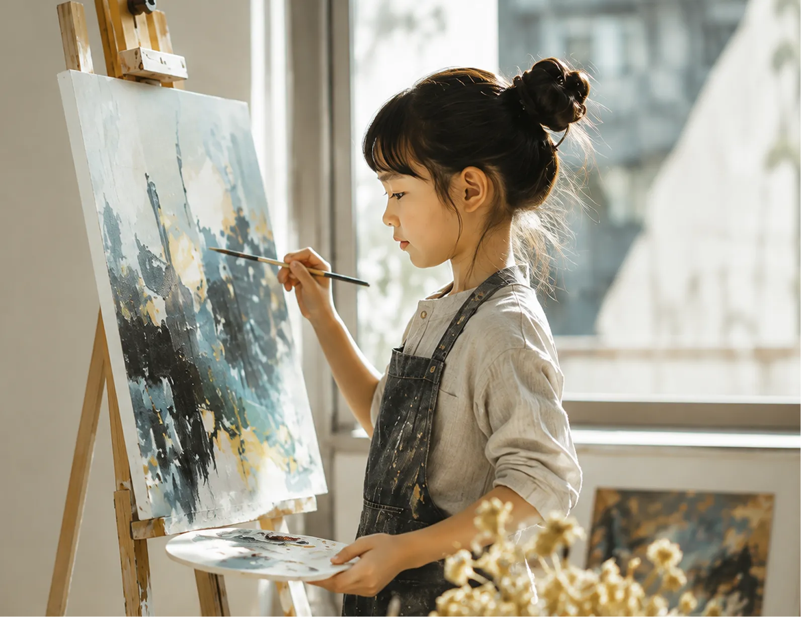 キャンバスに夢中で絵を描く子ども｜Baby-J 芸術・創造