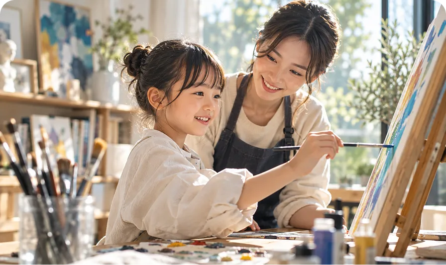 家庭教師と絵を描き、想像した世界を表現する子ども｜Baby-J 芸術・創造