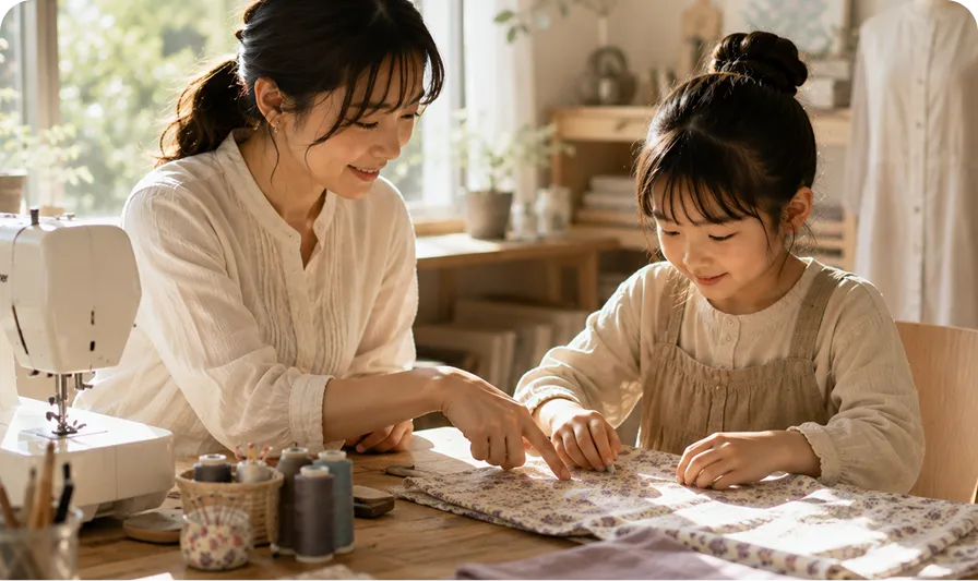 家庭教師と布を使った制作に取り組み、素材の美しさに触れる子ども｜Baby-J 芸術・創造