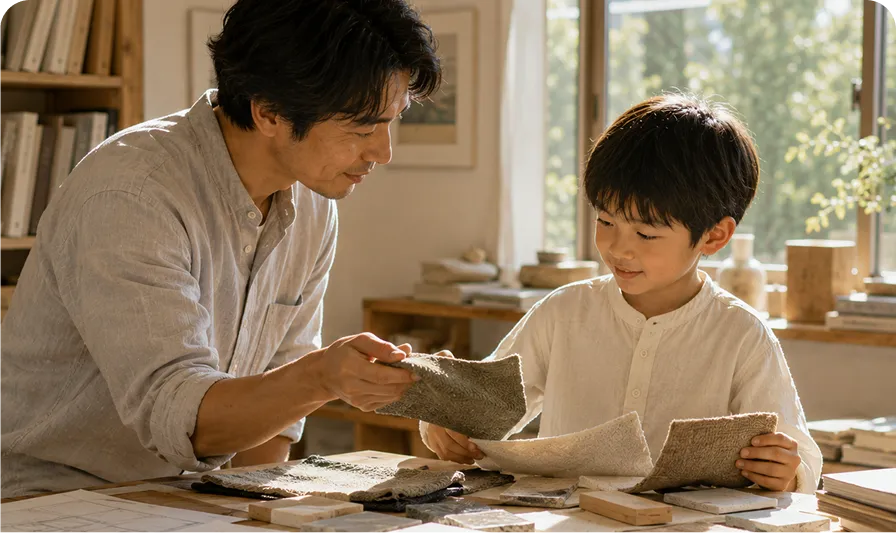 家庭教師と素材や色を学び、暮らしを彩る表現に触れる子ども｜Baby-J 芸術・創造