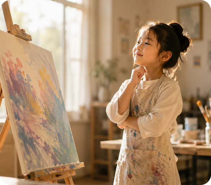 キャンバスに夢中で絵を描き、自分らしい表現を深める子ども｜Baby-J 芸術・創造