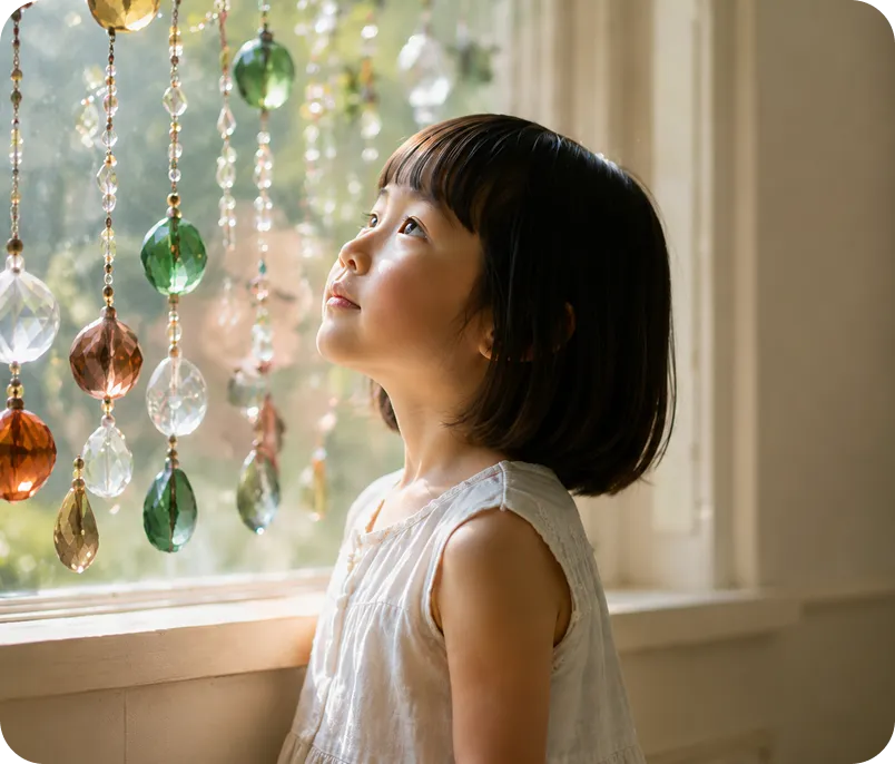 色とりどりのガラス作品に触れ、自分だけの見方や感性を育てていく子ども｜Baby-J 芸術・創造