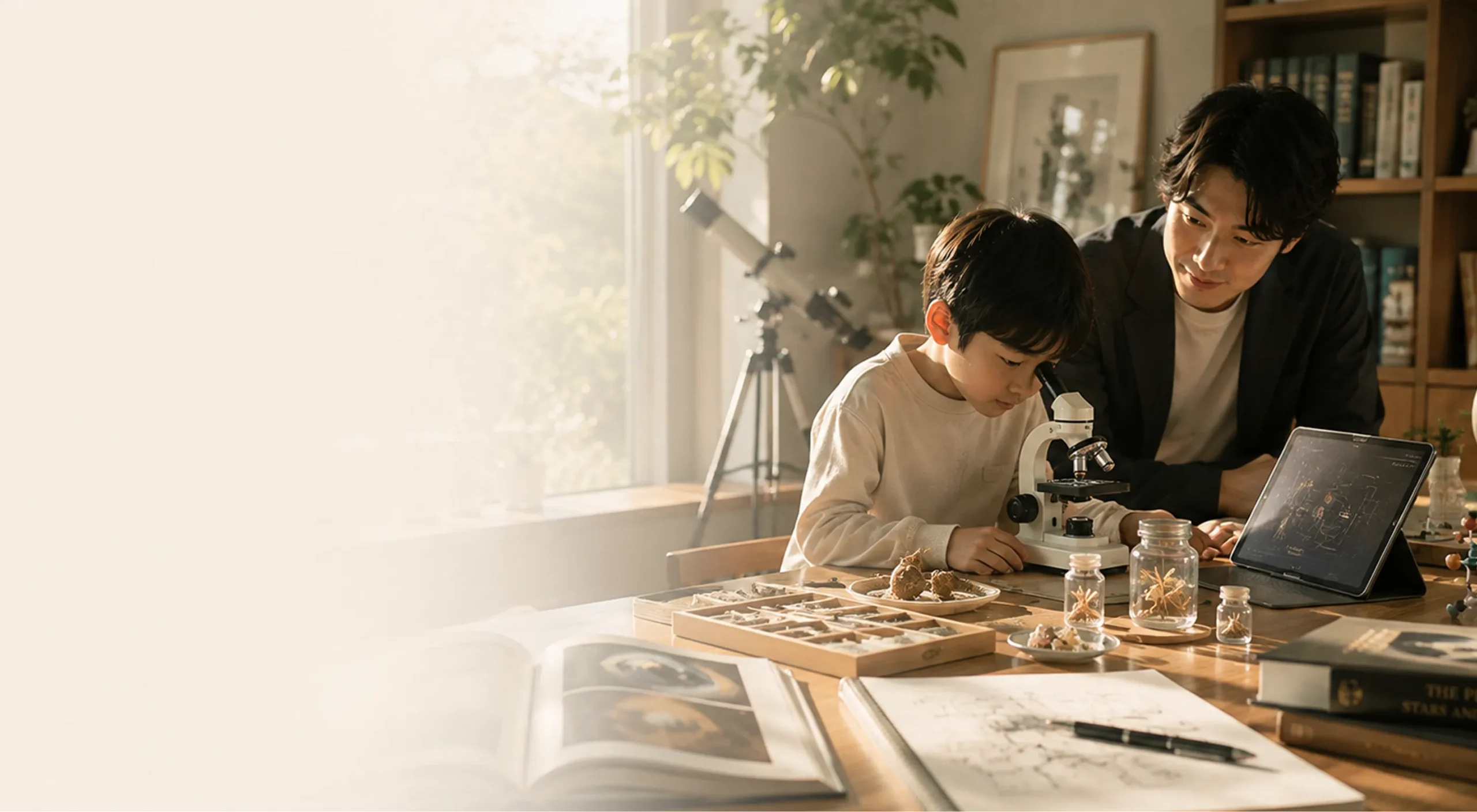 家庭教師と一緒に、顕微鏡やタブレットを使って科学・デジタル学習に取り組む子ども｜Baby-J デジタル・専門教育