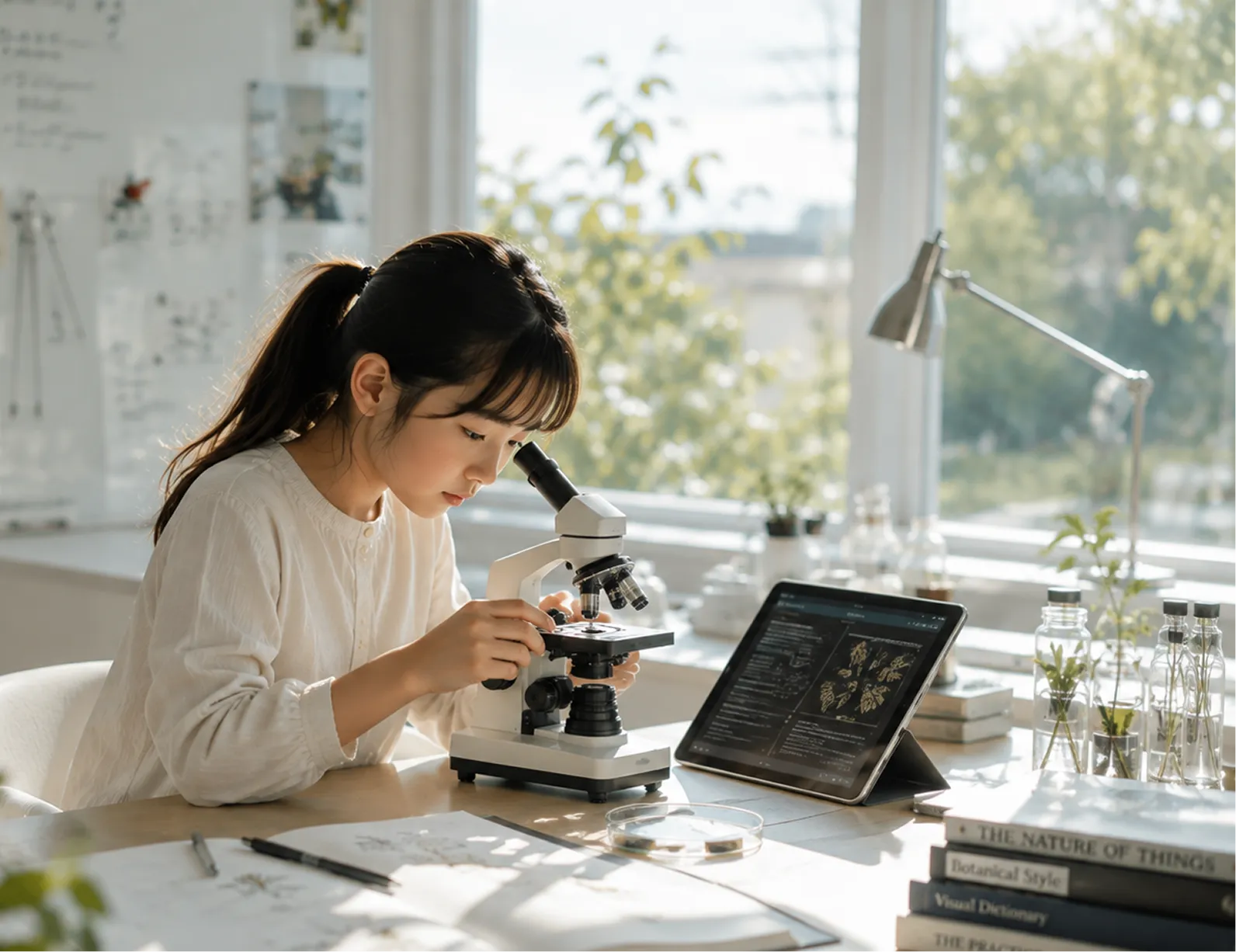 顕微鏡とタブレットを使って、科学・デジタルの探究学習に取り組む子ども