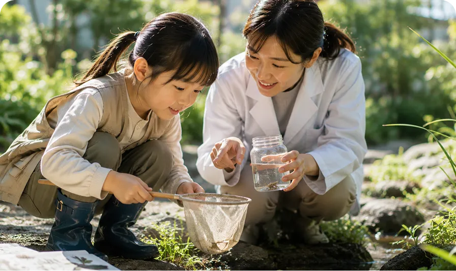 自然の中で家庭教師と実験をしながら科学を探究する子ども