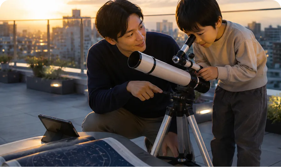 家庭教師と望遠鏡を使って天文・宇宙を探究する子ども