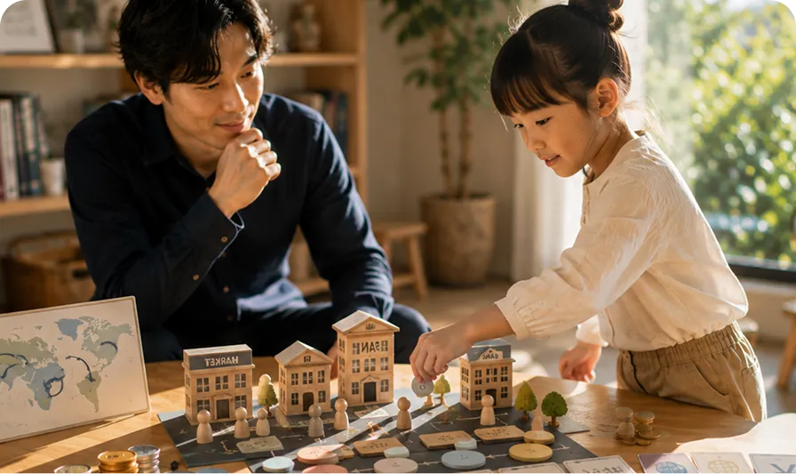 家庭教師と教材を使って経済・社会の仕組みを学ぶ子ども