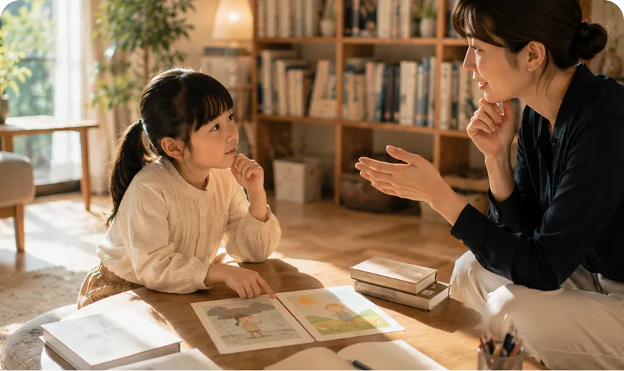 家庭教師との対話を通して歴史や文化など専門的な学びを深める子ども