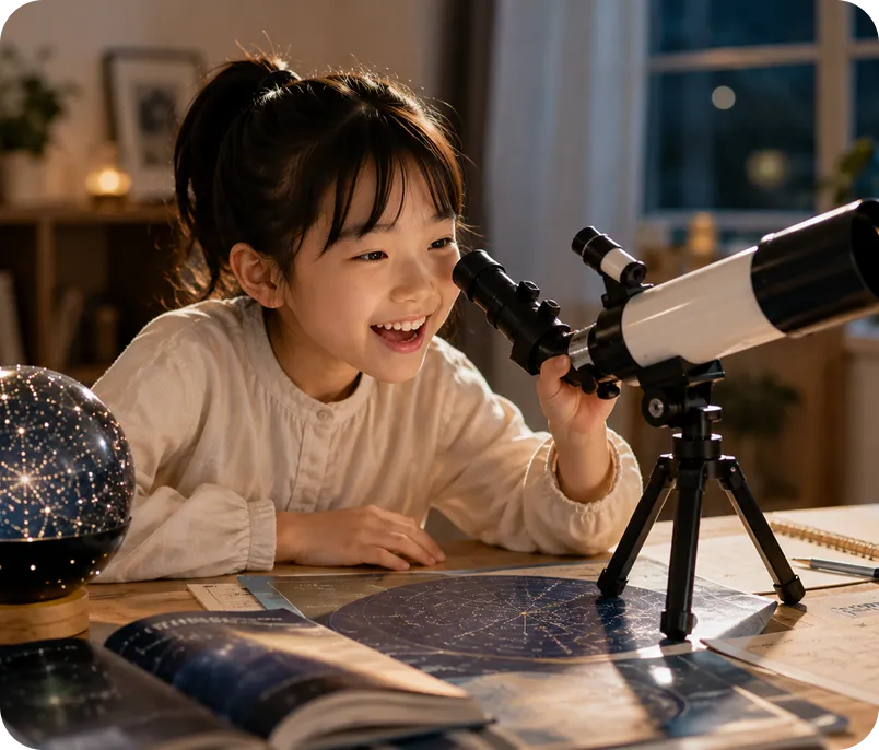 望遠鏡で宇宙を観察しながら、将来の夢や専門分野への興味を広げる子ども