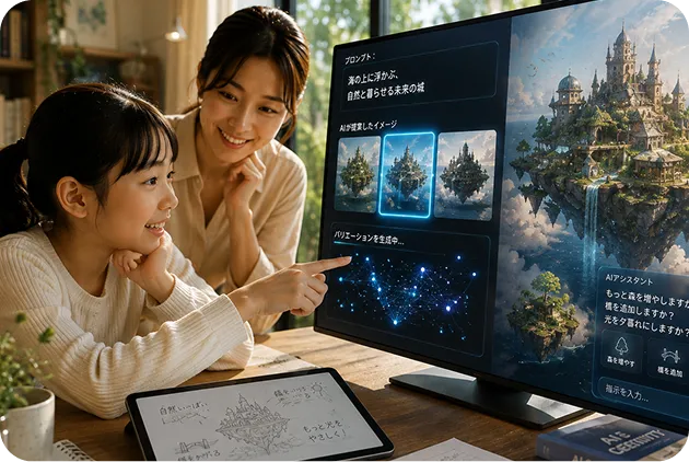家庭教師とAI・生成AIを使い、デジタル表現やアイデアづくりを学ぶ子ども