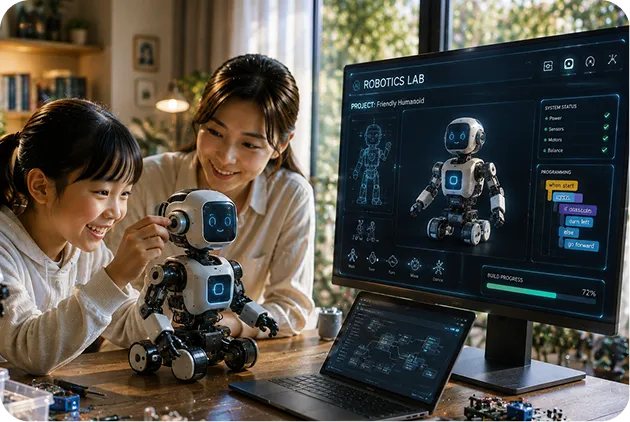 家庭教師とロボットを動かしながら、ロボティクスやプログラミングを学ぶ子ども