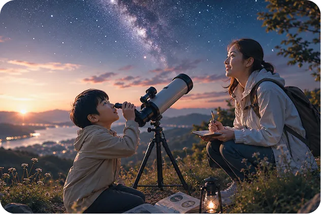 家庭教師と望遠鏡で星空を観察し、宇宙・天文を探究する子ども