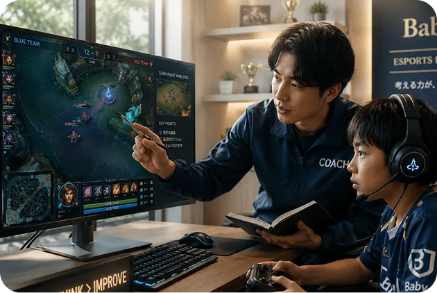 家庭教師の指導を受けながら、eスポーツの戦略や判断力を学ぶ子ども