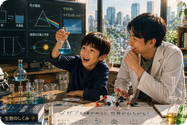 家庭教師と科学実験を行い、物理の仕組みを探究する子ども