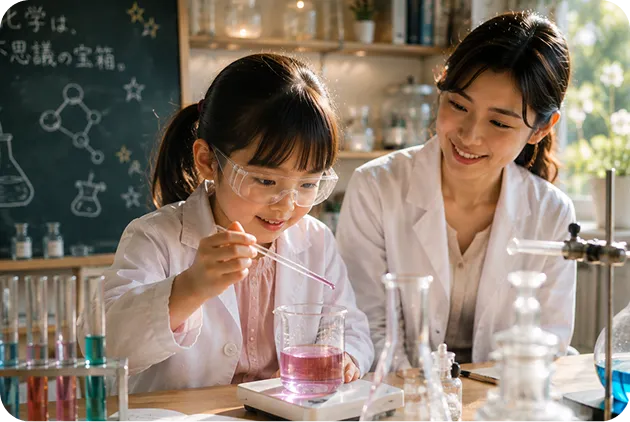 家庭教師と化学実験に取り組み、サイエンスへの興味を深める子ども