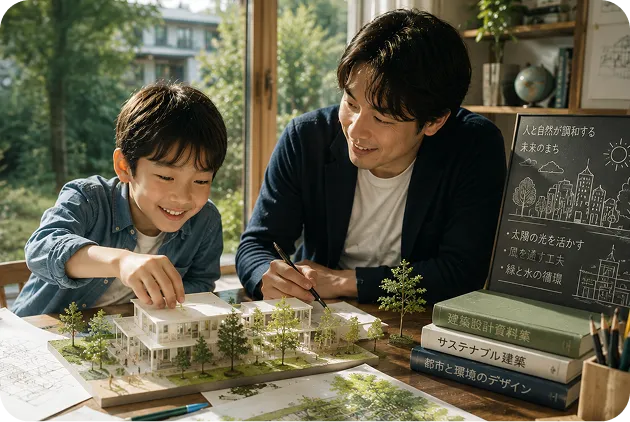 家庭教師と模型を使って、建築や工学の仕組みを学ぶ子ども