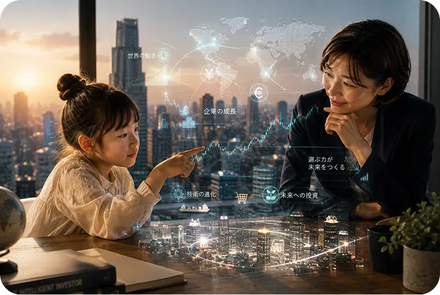 家庭教師とデータを見ながら、金融・経済の仕組みを学ぶ子ども