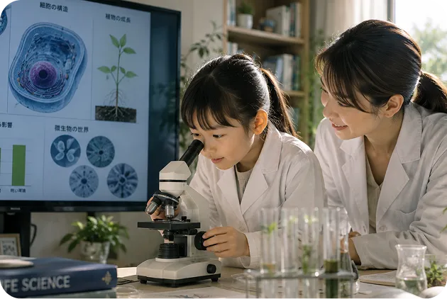 家庭教師と顕微鏡を使って、生物や生命科学を探究する子ども