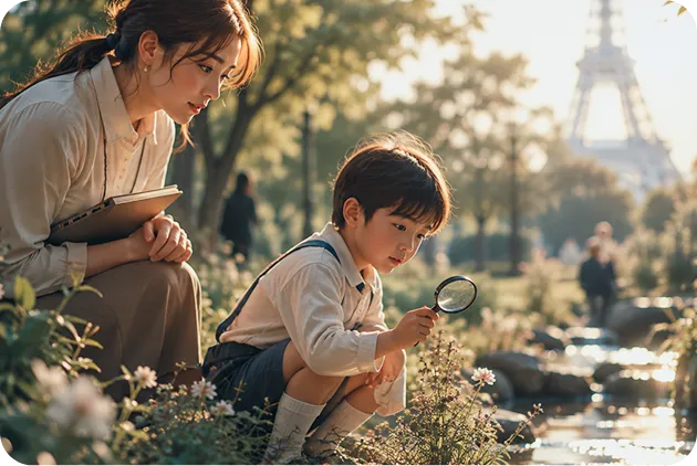 家庭教師と自然を観察しながら、環境・地球科学を学ぶ子ども