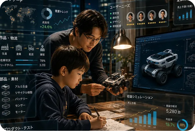 家庭教師と試作品を考えながら、プロダクト開発やものづくりを学ぶ子ども