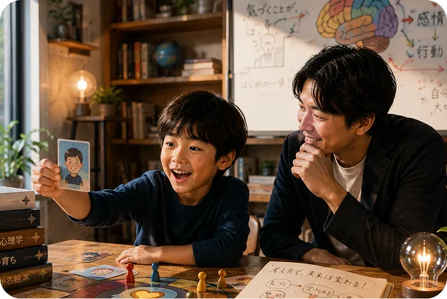 家庭教師との対話や課題を通して、心理学や人の心について学ぶ子ども
