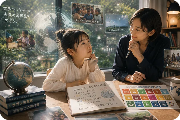 家庭教師と地球規模の課題を考え、国際・社会課題について学ぶ子ども