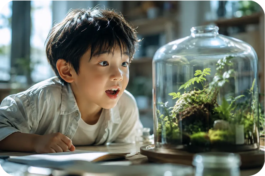 ガラス容器の中の植物を観察しながら、もっと知りたいという好奇心を膨らませる子ども