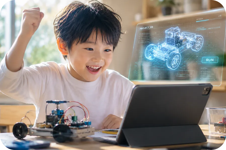 タブレットでAIやプログラミングを使い、思い描いた電子工作を完成させて喜ぶ子ども