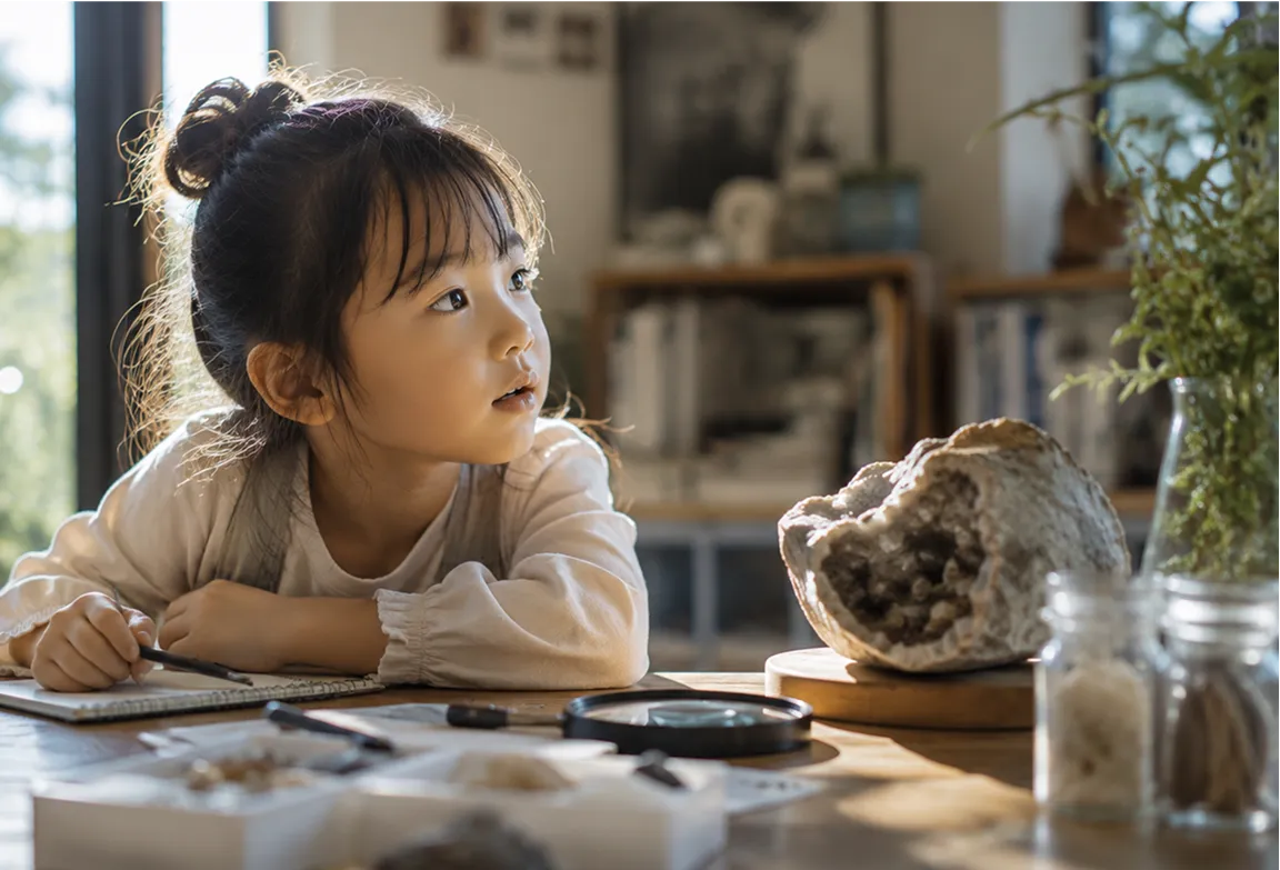 鉱石を観察しながらノートに向き合う子ども。もっと知りたいという気持ちが、自然科学への小さな探究心に変わっていく。