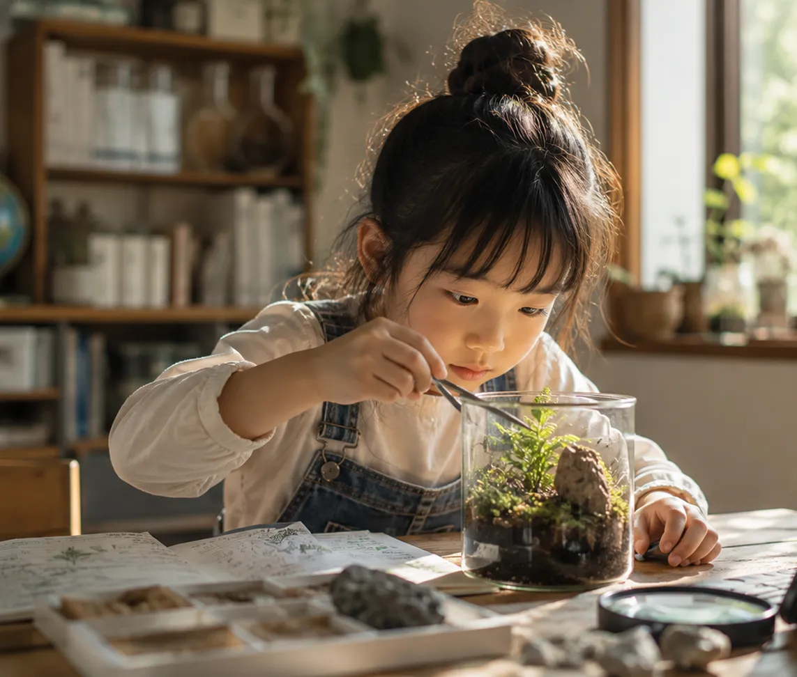 小さな植物の世界に夢中で手を動かす子ども。自分で確かめる時間の中で、自然や生命への好奇心が少しずつ育っていく。