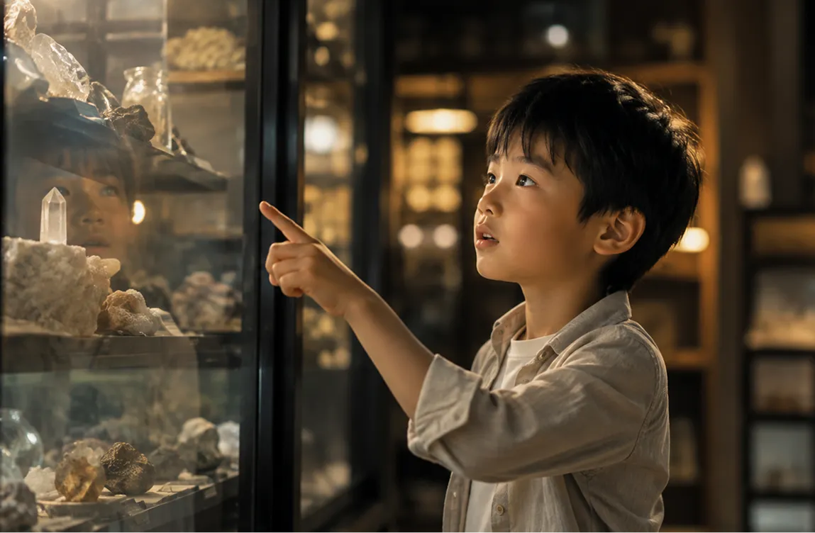 鉱物や結晶を見つめ、気になるものを指さす子ども。ひとつの「これ何だろう？」が、地球科学をもっと知りたい気持ちにつながっていく。