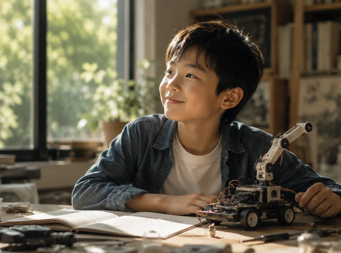 自分で組み上げたロボットを前に、うれしそうな表情を見せる子ども。考えて、試して、かたちにした経験が次の創造力につながっていく。