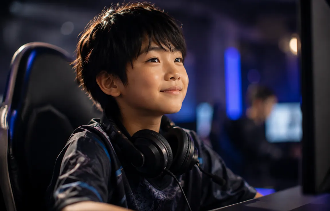 eスポーツでプロを目指し、真剣な表情でプレイに向き合う子ども。好きなことを本気で磨く時間が、集中力や判断力、戦略的に考える力につながっていく。