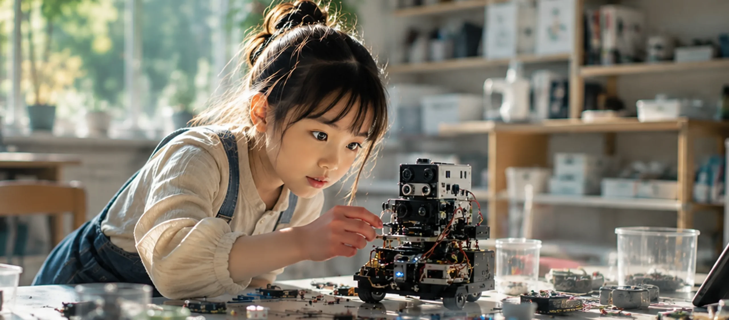 自分で組み立てたロボットの動きを確かめながら、細かな調整に夢中になる子ども。考えて試す時間が、ものづくりへの自信と創造する力につながっていく。