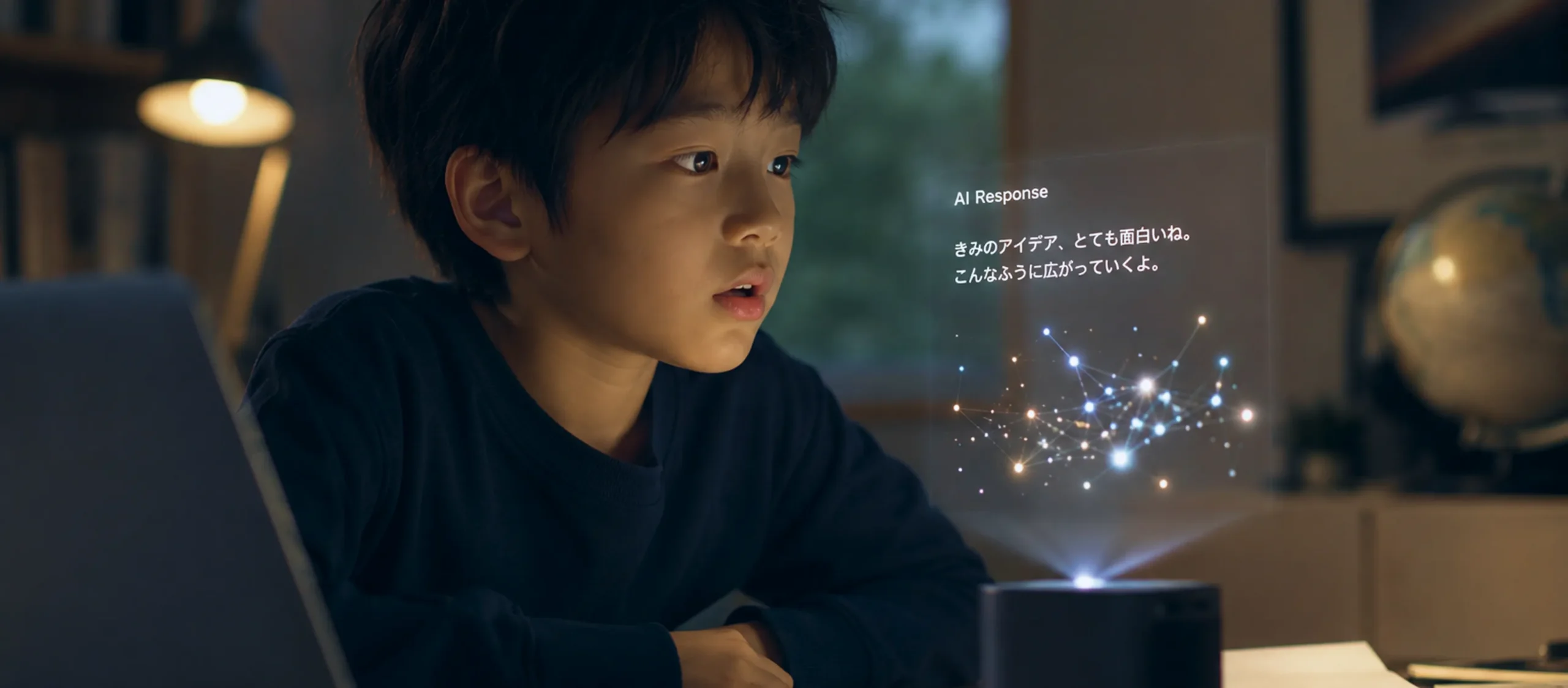 AIとの対話から生まれたアイデアを見つめる子ども。思いついたことが新しい可能性へ広がっていく瞬間に、未来の学びが始まっている。
