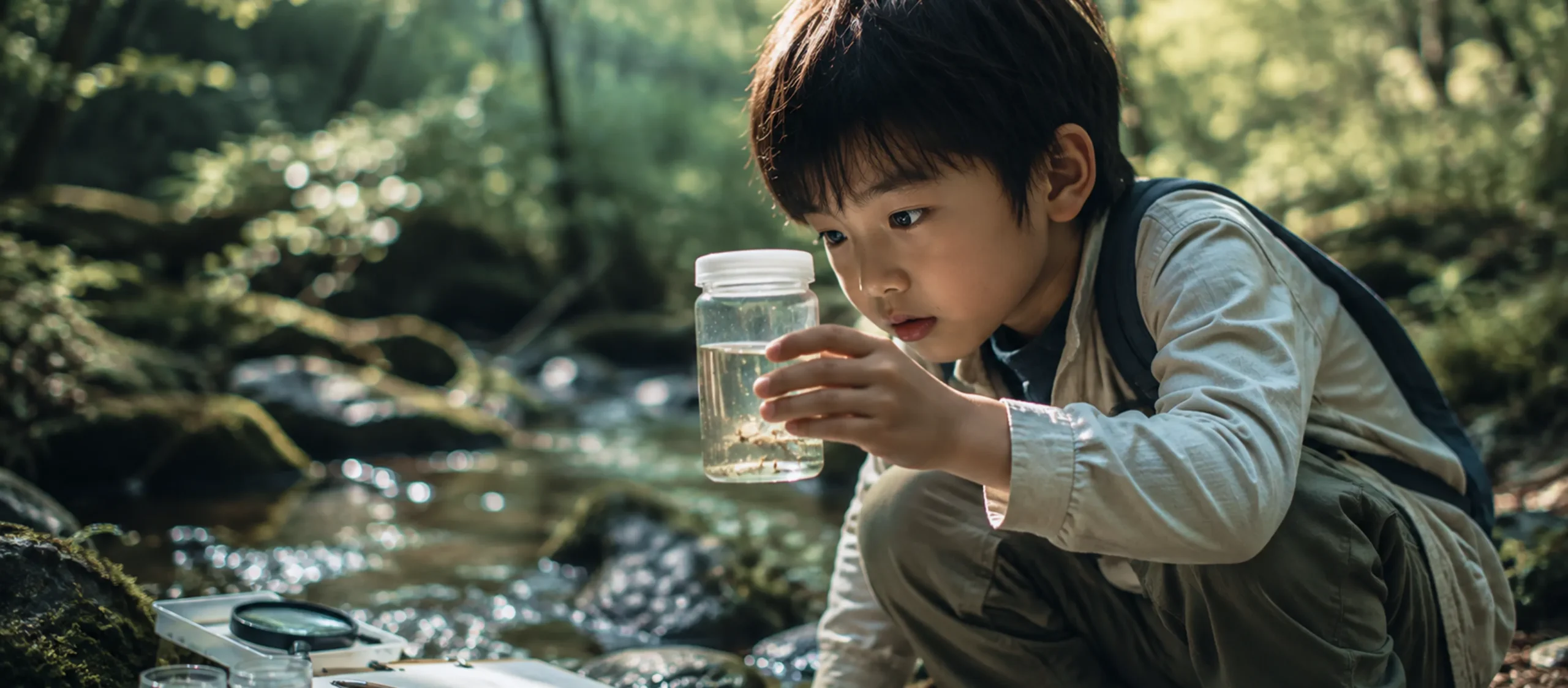 森の小川で採取した生き物をじっと観察する子ども。自分の目で確かめた小さな発見が、自然科学をもっと知りたい気持ちへつながっていく。