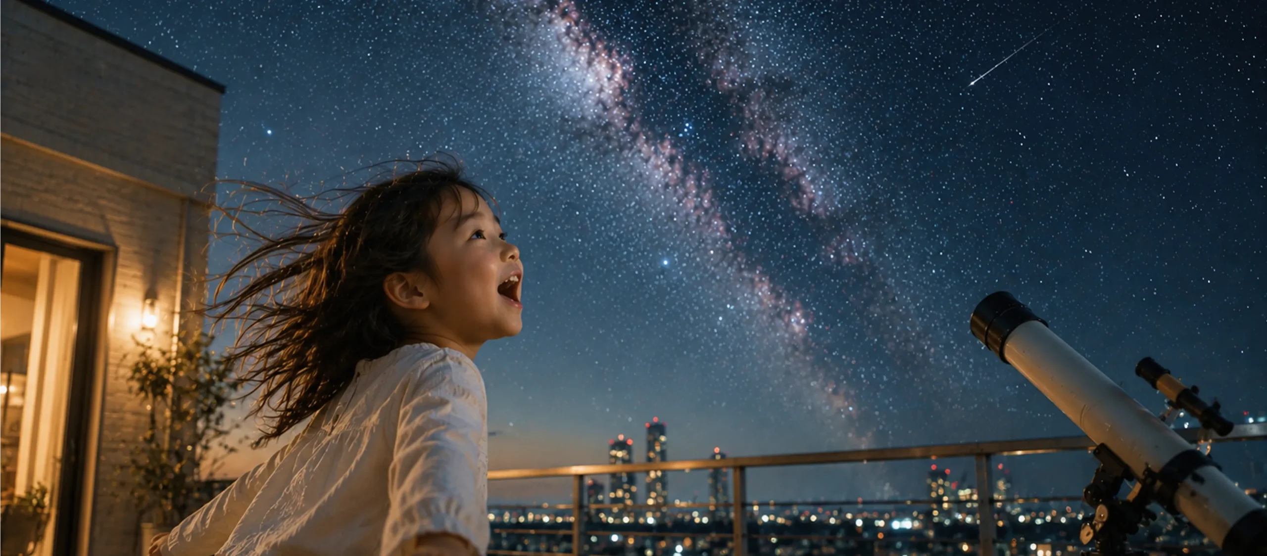 望遠鏡のそばで満天の星空を見上げ、思わず笑顔になる子ども。宇宙の大きさに心が動いた瞬間が、新しい好奇心と未来への憧れを育てていく。