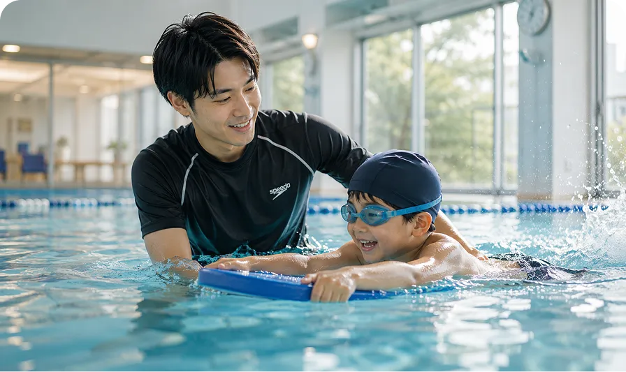 水泳を楽しむ子どもをマンツーマンでサポートするコーチ｜Baby-J Sports