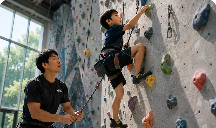 スポーツクライミングに挑戦する子どもと見守るコーチ｜Baby-J Sports
