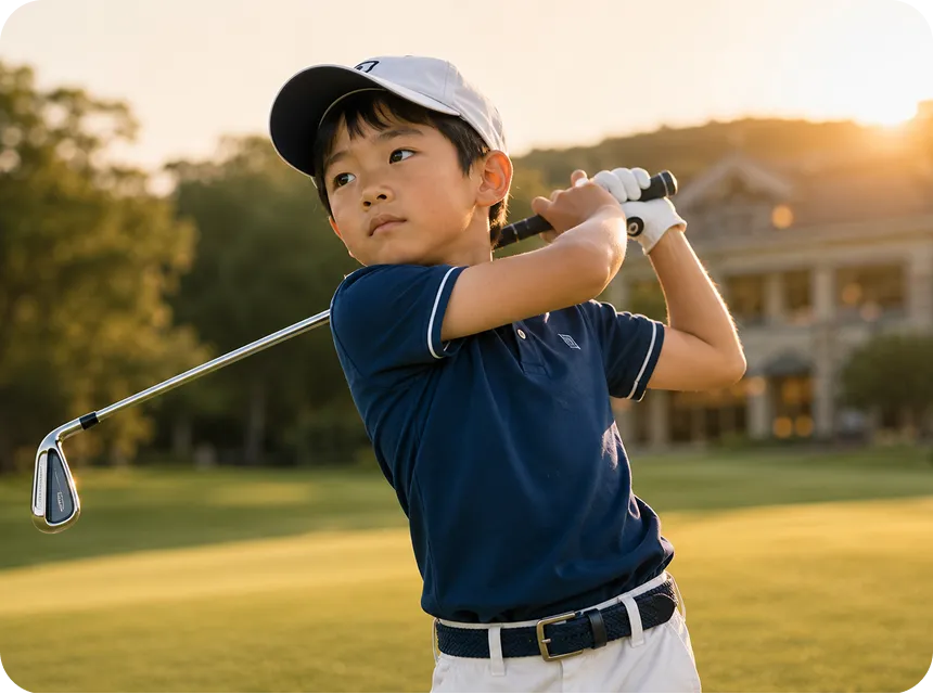 夕暮れの光の中、ゴルフに夢中になる子ども｜Baby-J Sports