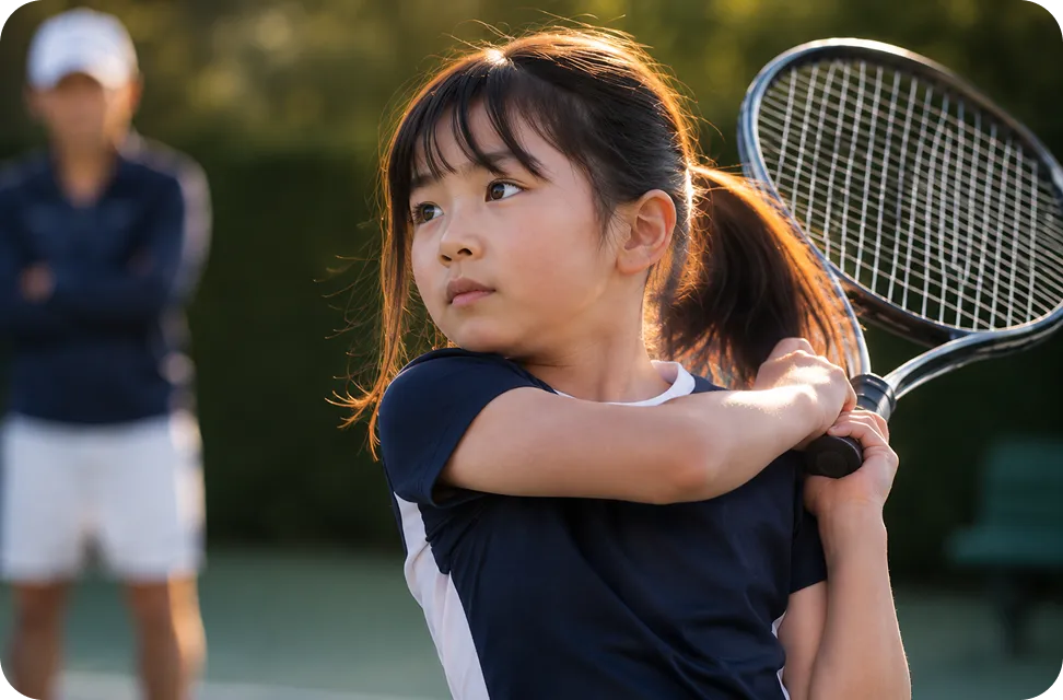夕陽のコートでテニスに打ち込む子ども｜Baby-J Sports